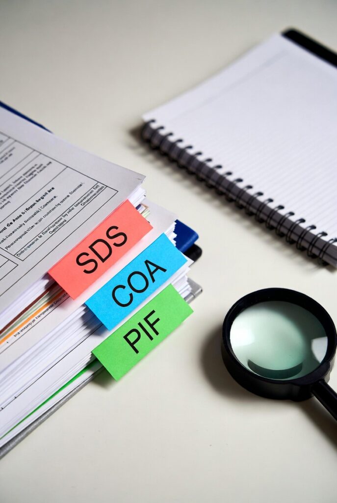 桌面上放著三疊文件，分別標示為 SDS、COA 與 PIF，旁邊有放大鏡與筆記本