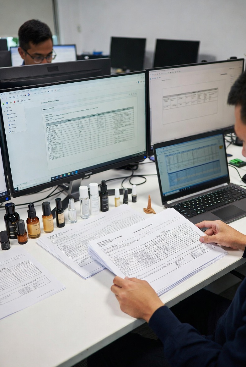 品牌方人員整理多份技術文件，並在電腦前建立產品資訊檔案