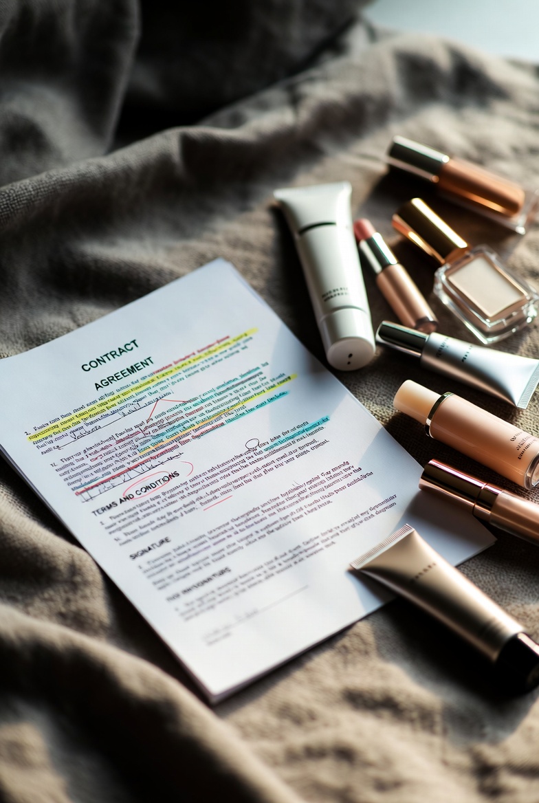 合約文件上標示重點條款，旁邊放著化妝品樣品