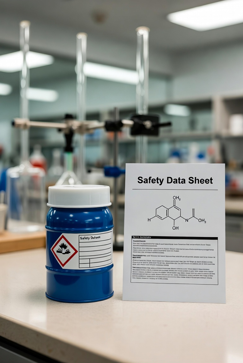 化學原料桶旁放著一份安全資料表，背景為實驗室環境