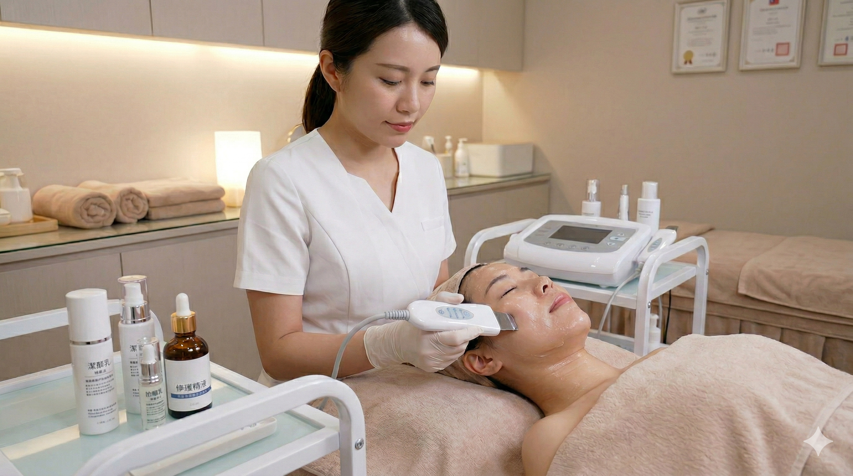 沙龍課程中使用修護精華搭配儀器護理