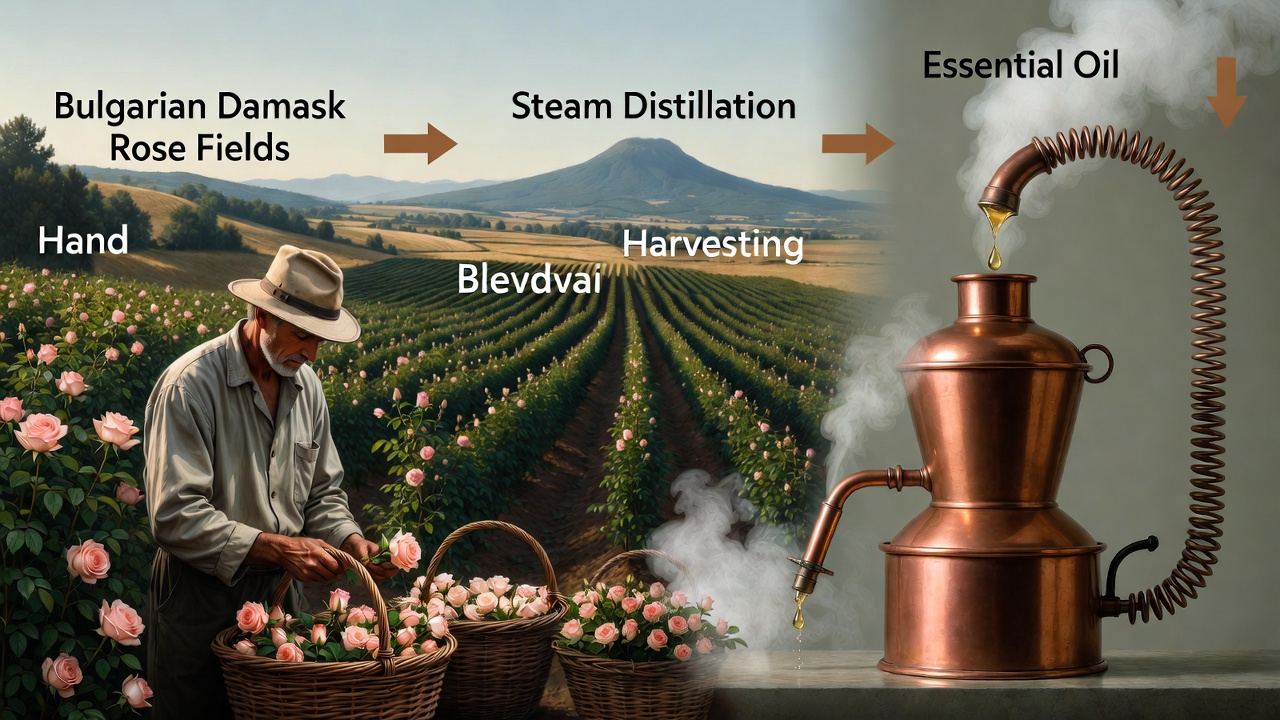 保加利亞大馬士革玫瑰產地與精油萃取過程的形象圖